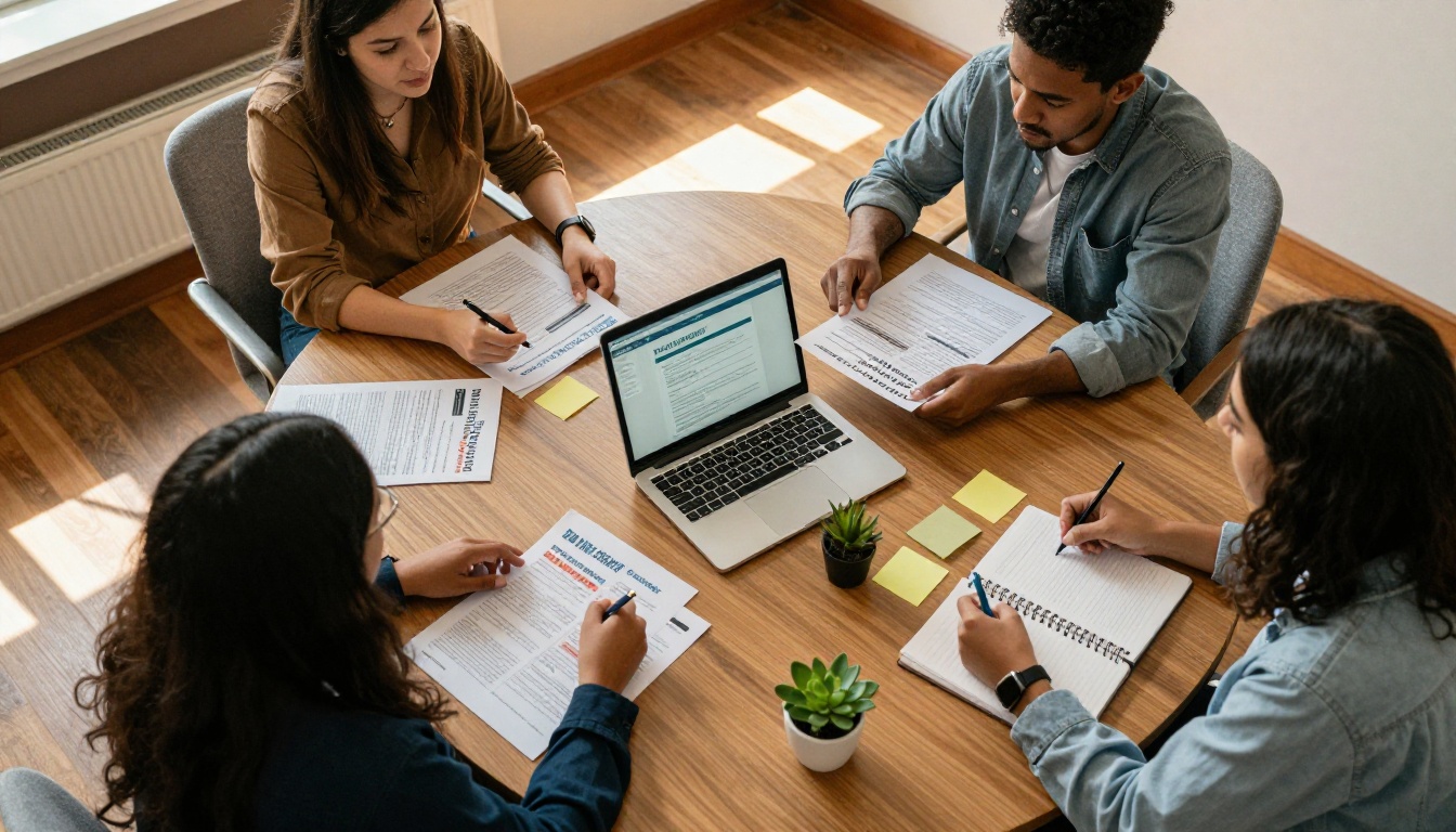 Nonprofit team reviewing digital fundraising materials in an aerial view around a conference table