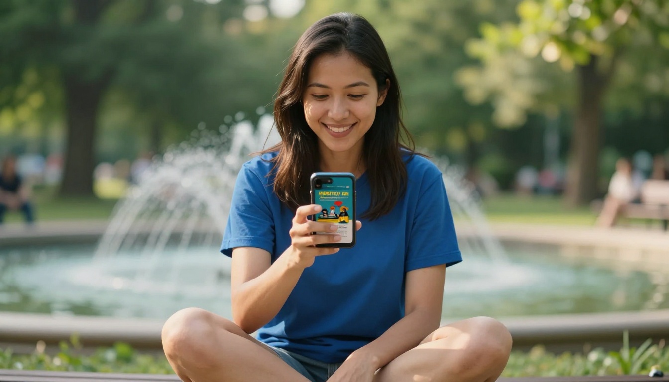Charity volunteer smiling while viewing flipbook campaign on smartphone at a sunny park