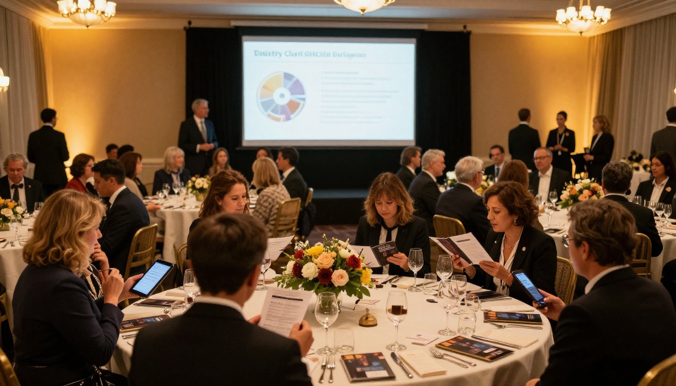 Elegant charity gala fundraising dinner with guests in formal attire in a warmly lit grand ballroom