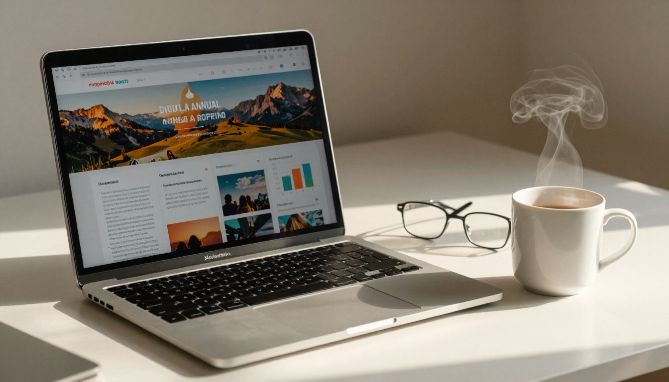 Close-up of a laptop on a desk showing a nonprofit annual report in interactive flipbook format