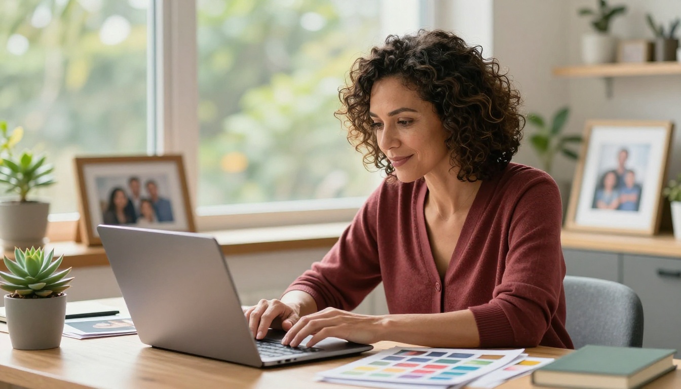 Nonprofit worker creating a digital charity brochure at a sunlit home office desk