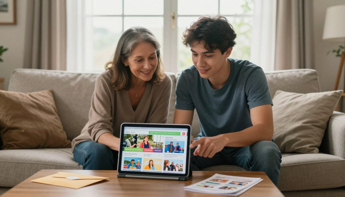 Couple on a couch looking at a colorful charity campaign flipbook together on a tablet