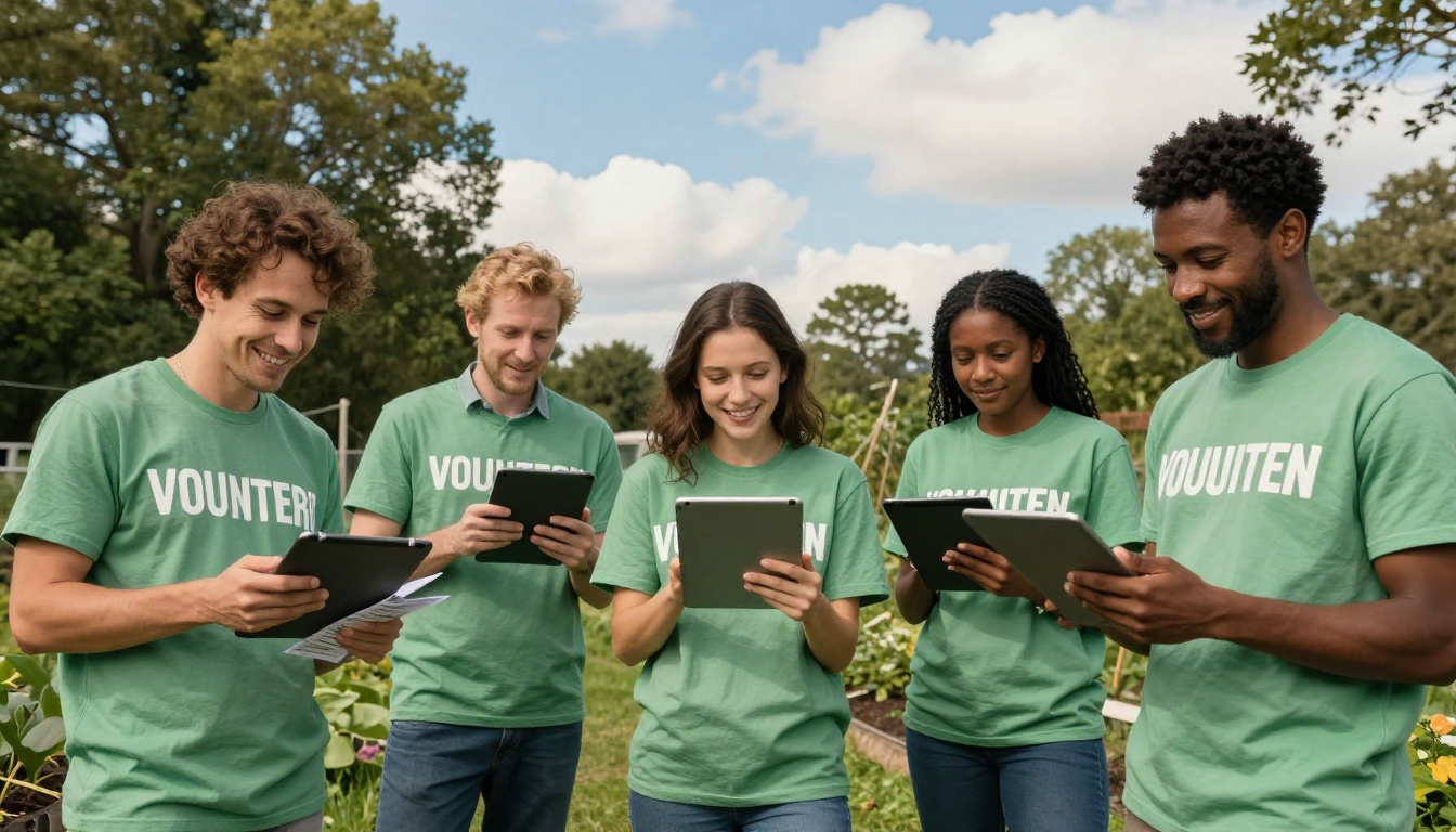 Diverse group of charity volunteers outdoors in a community garden holding tablets and printed materials