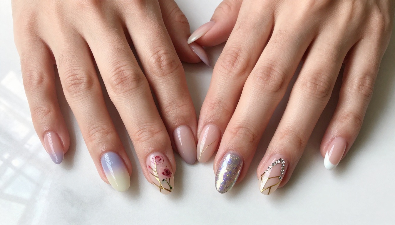 Five hands showing different nail art styles on white marble surface Five hands showing different nail art styles on white marble surface