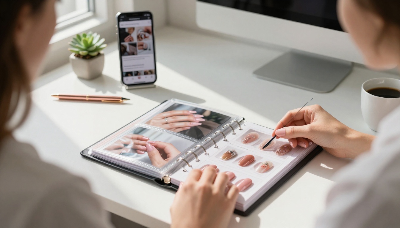 Nail technician organizing a printed portfolio binder alongside a smartphone displaying a flipbook app Nail technician organizing a printed portfolio binder alongside a smartphone displaying a flipbook app