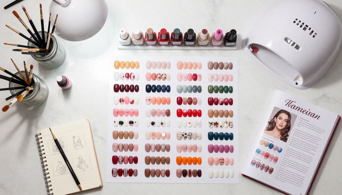 Aerial flat-lay of nail artist workspace with swatch sticks, gel polish bottles, and open lookbook Aerial flat-lay of nail artist workspace with swatch sticks, gel polish bottles, and open lookbook