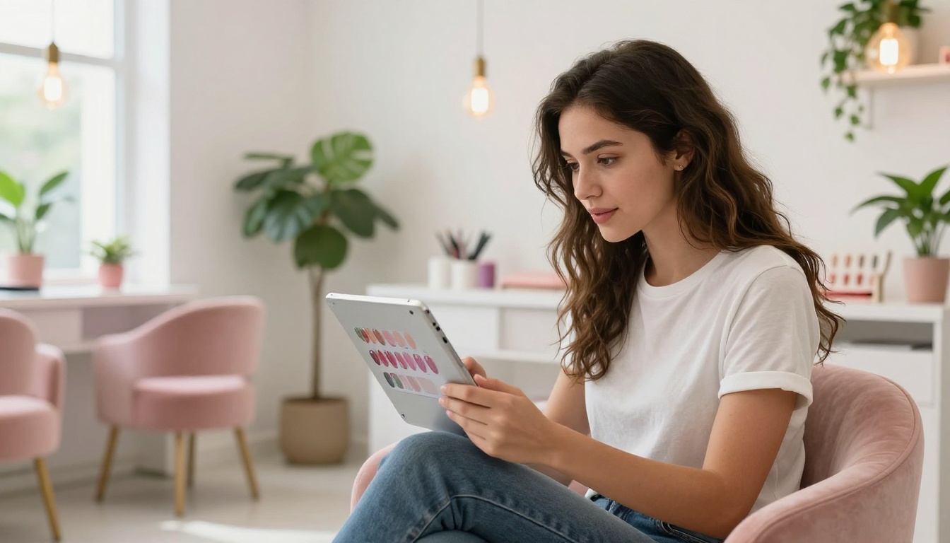 Client comfortably scrolling through a nail art digital flipbook on a tablet in a modern bright salon Client comfortably scrolling through a nail art digital flipbook on a tablet in a modern bright salon
