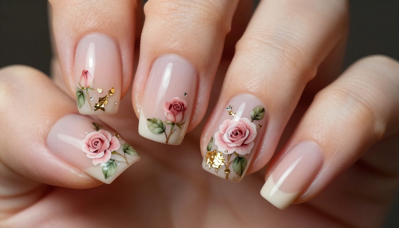 Extreme macro close-up of botanical nail art featuring hand-painted roses and gold foil on ivory base