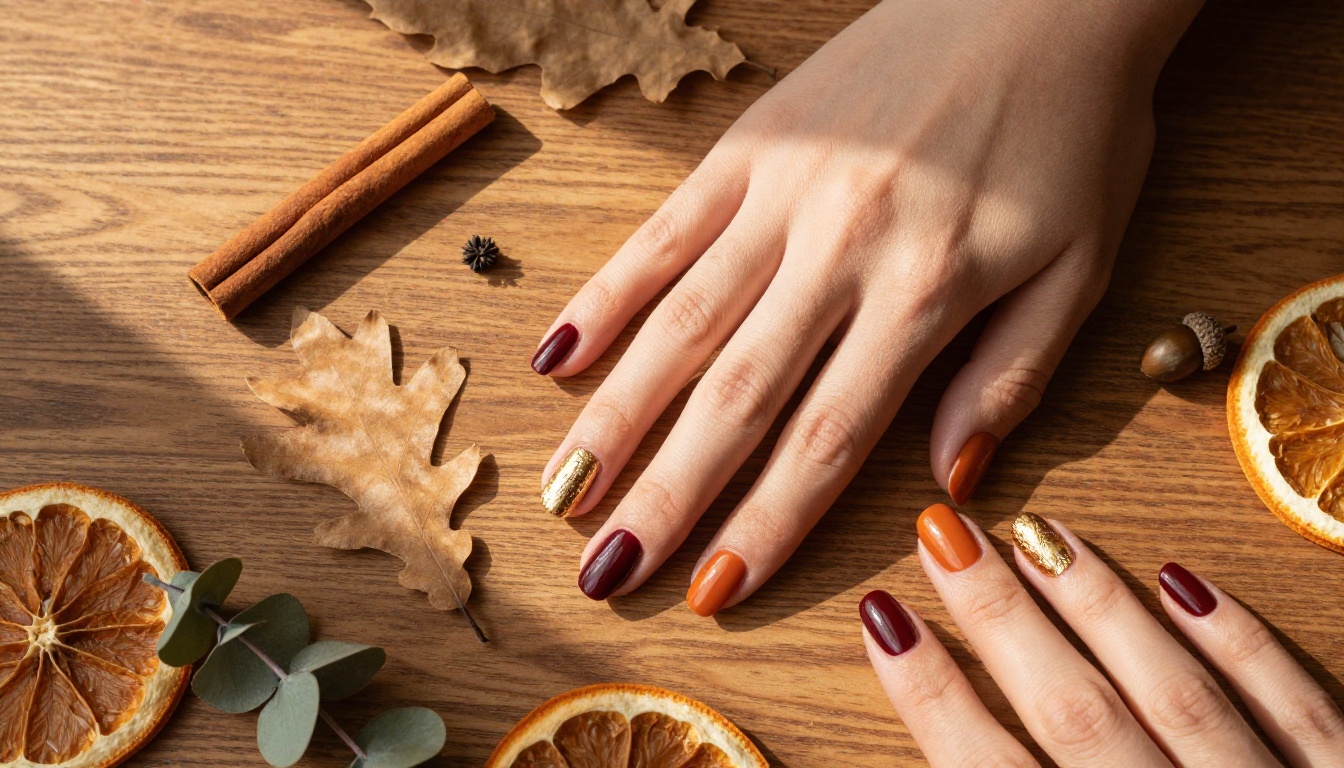 Autumn seasonal nail art flat-lay on walnut wood with dried leaves and acorns