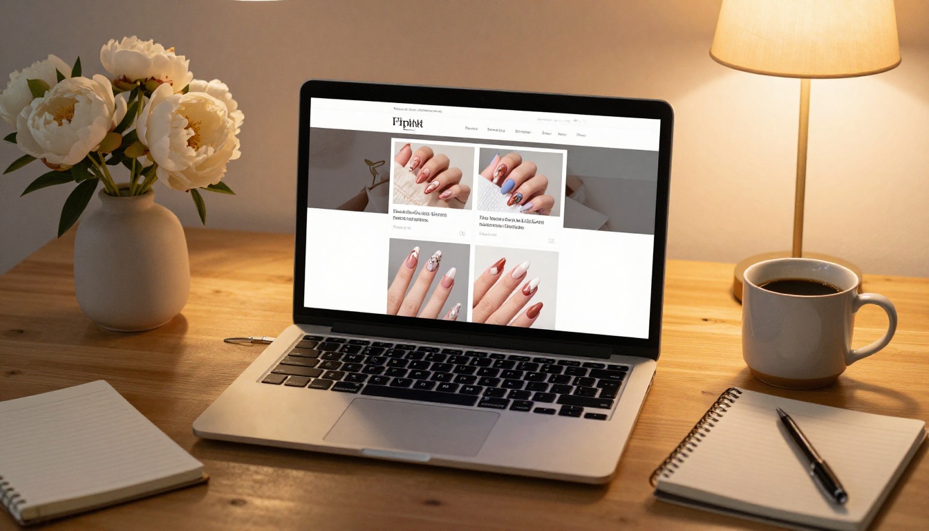 Open laptop showing nail art flipbook website in a cozy home office with peonies and coffee