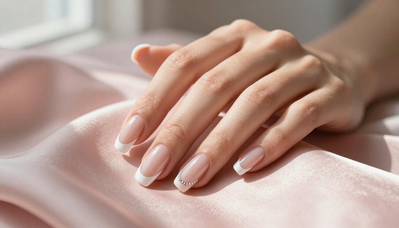 Elegant French tip nails with crystal accents resting on soft blush pink silk fabric in natural window light