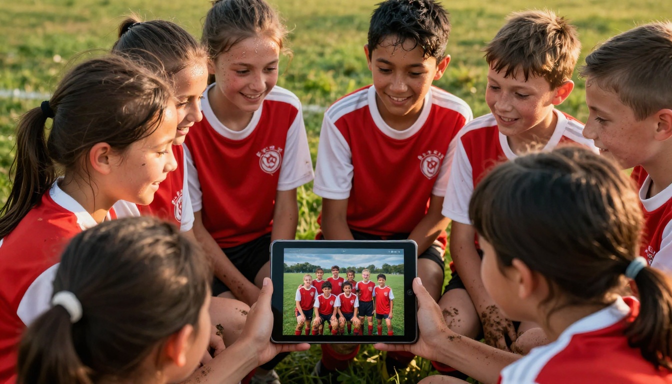 Youth soccer players huddled around a tablet showing their team flipbook