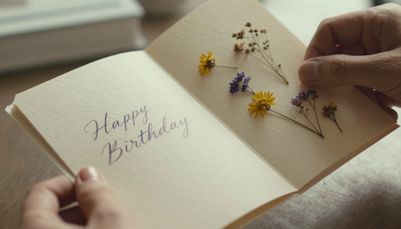 Close-up macro of hands holding open a handwritten birthday card with pressed wildflowers