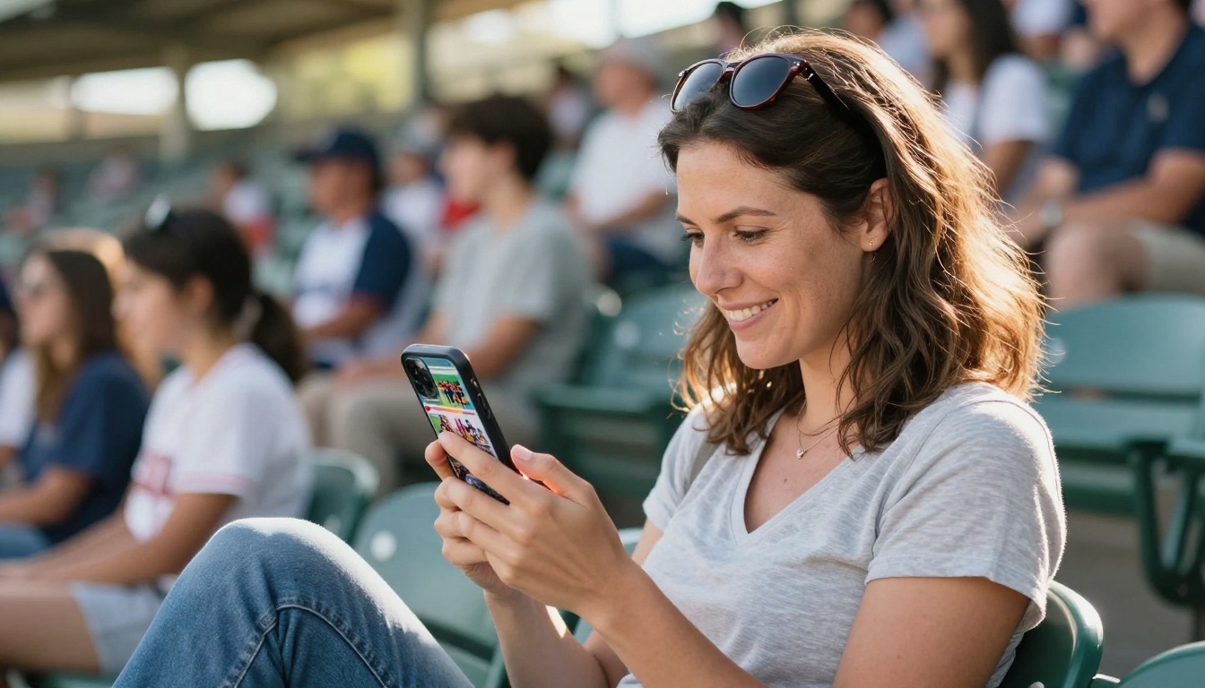 Mother in bleachers scrolling through a digital sports team flipbook on her phone