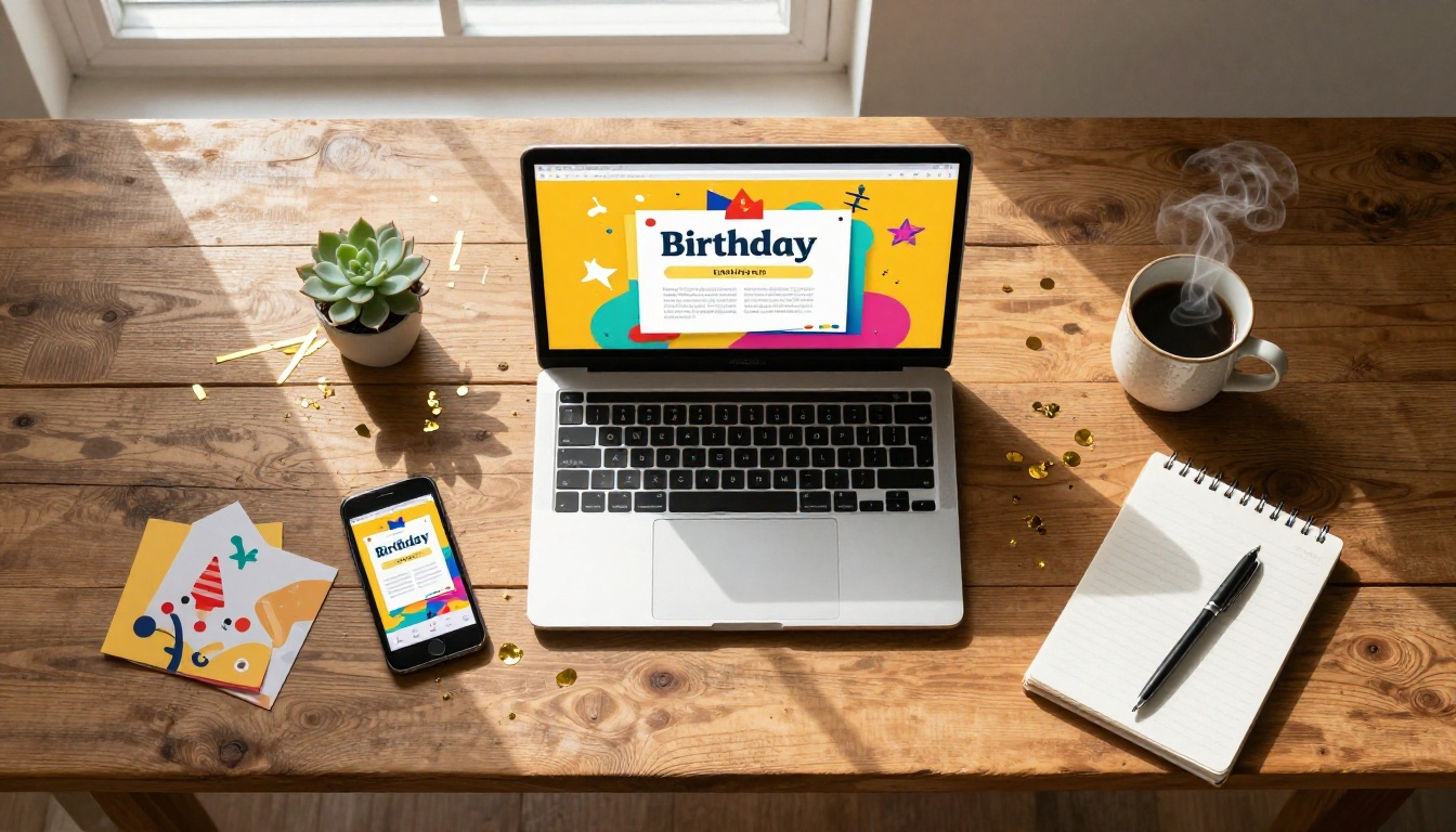 Aerial flat lay of a laptop showing a digital birthday flipbook alongside gold confetti, a ceramic coffee mug, and a notebook on a warm wooden desk Aerial flat lay of a laptop showing a digital birthday flipbook alongside gold confetti, a ceramic coffee mug, and a notebook on a warm wooden desk
