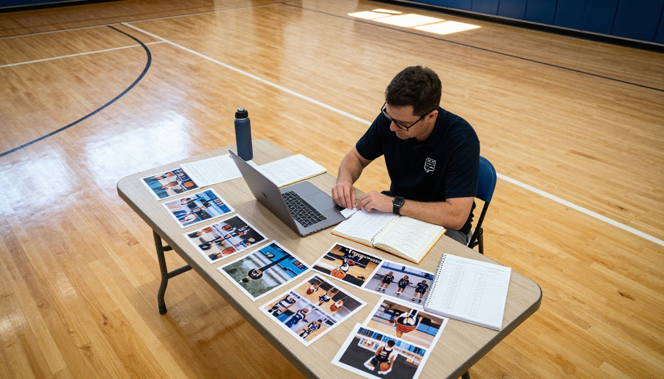 Coach sitting at gym table with laptop surrounded by team photos and notes
