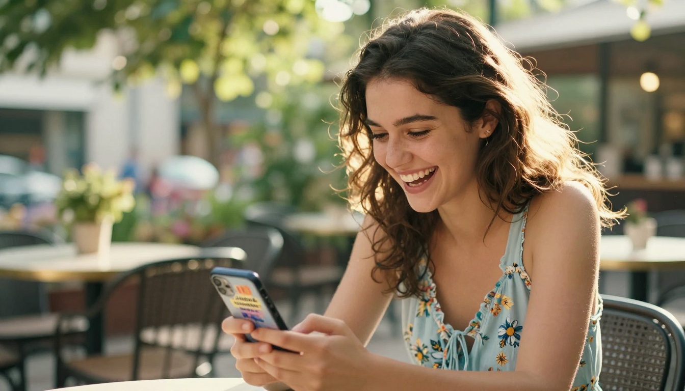 Woman laughing at her smartphone receiving a birthday message at a sunlit outdoor café