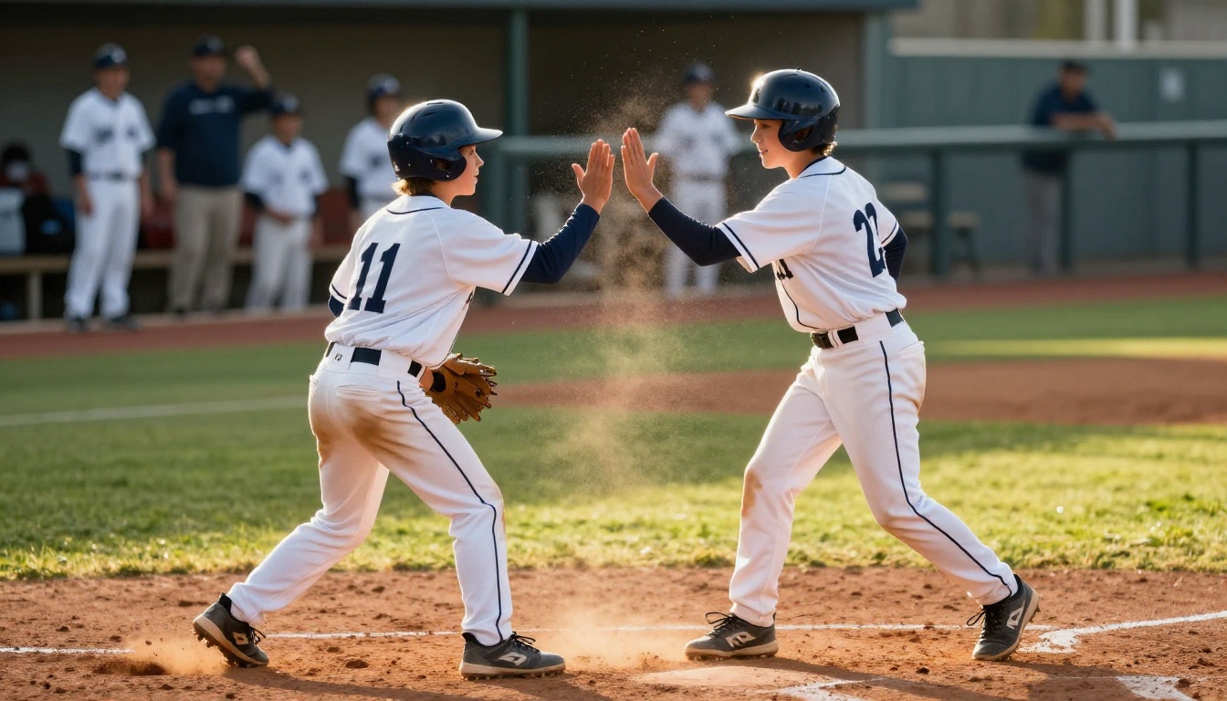 Two youth baseball players high-fiving on the diamond with teammates cheering Two youth baseball players high-fiving on the diamond with teammates cheering