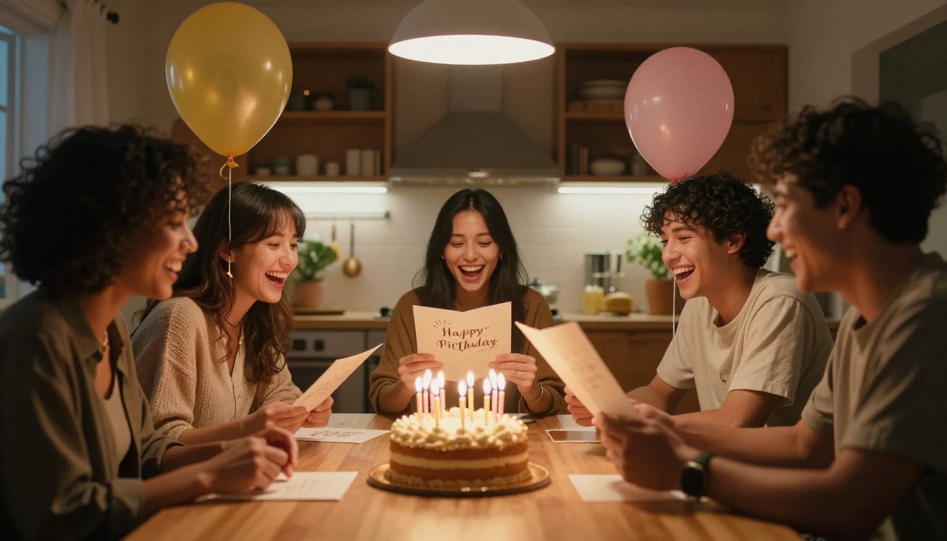 Friends celebrating birthdays with cards and cake around a warmly lit kitchen table