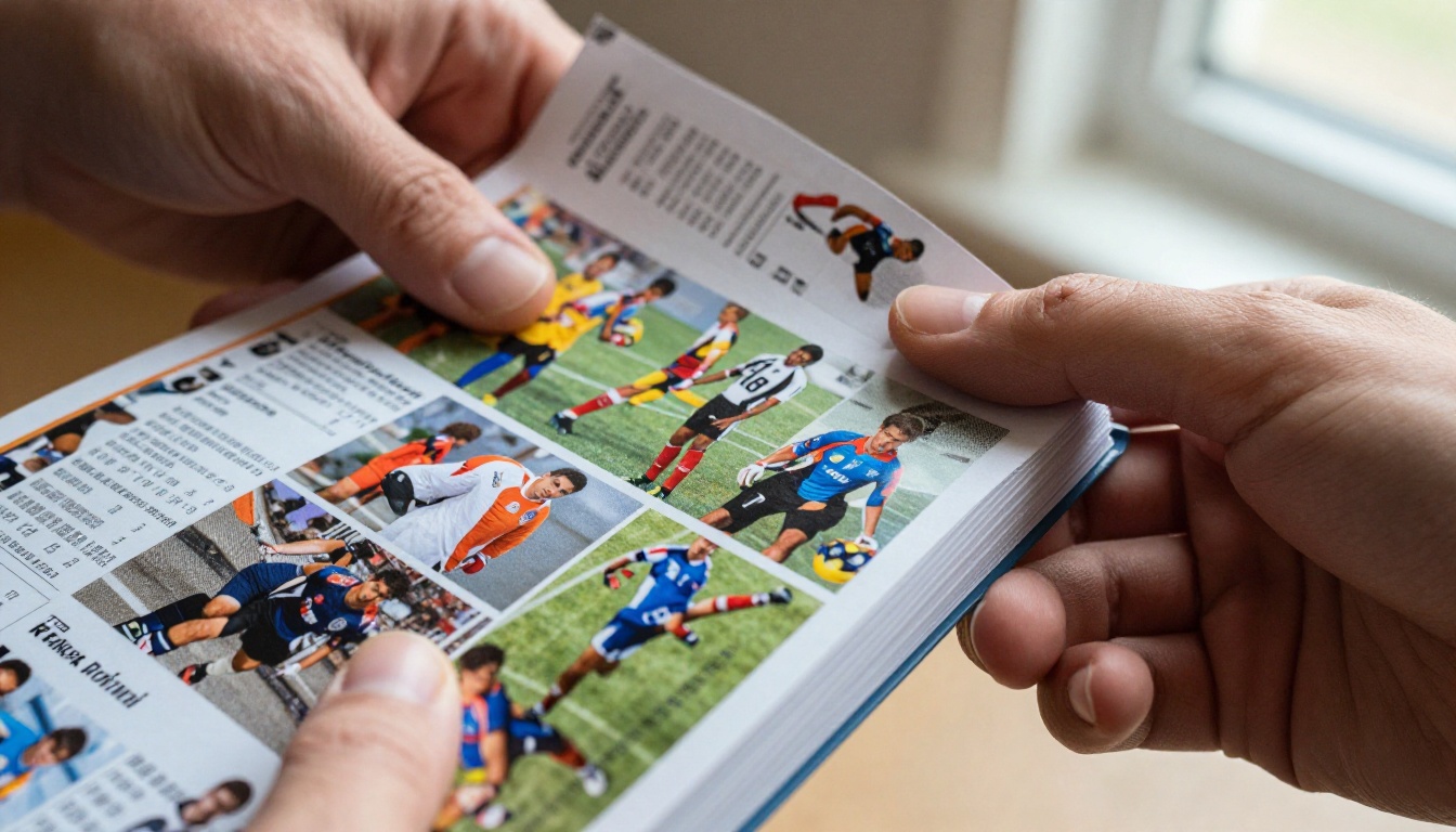Close-up of hands holding a printed sports team flipbook showing team roster