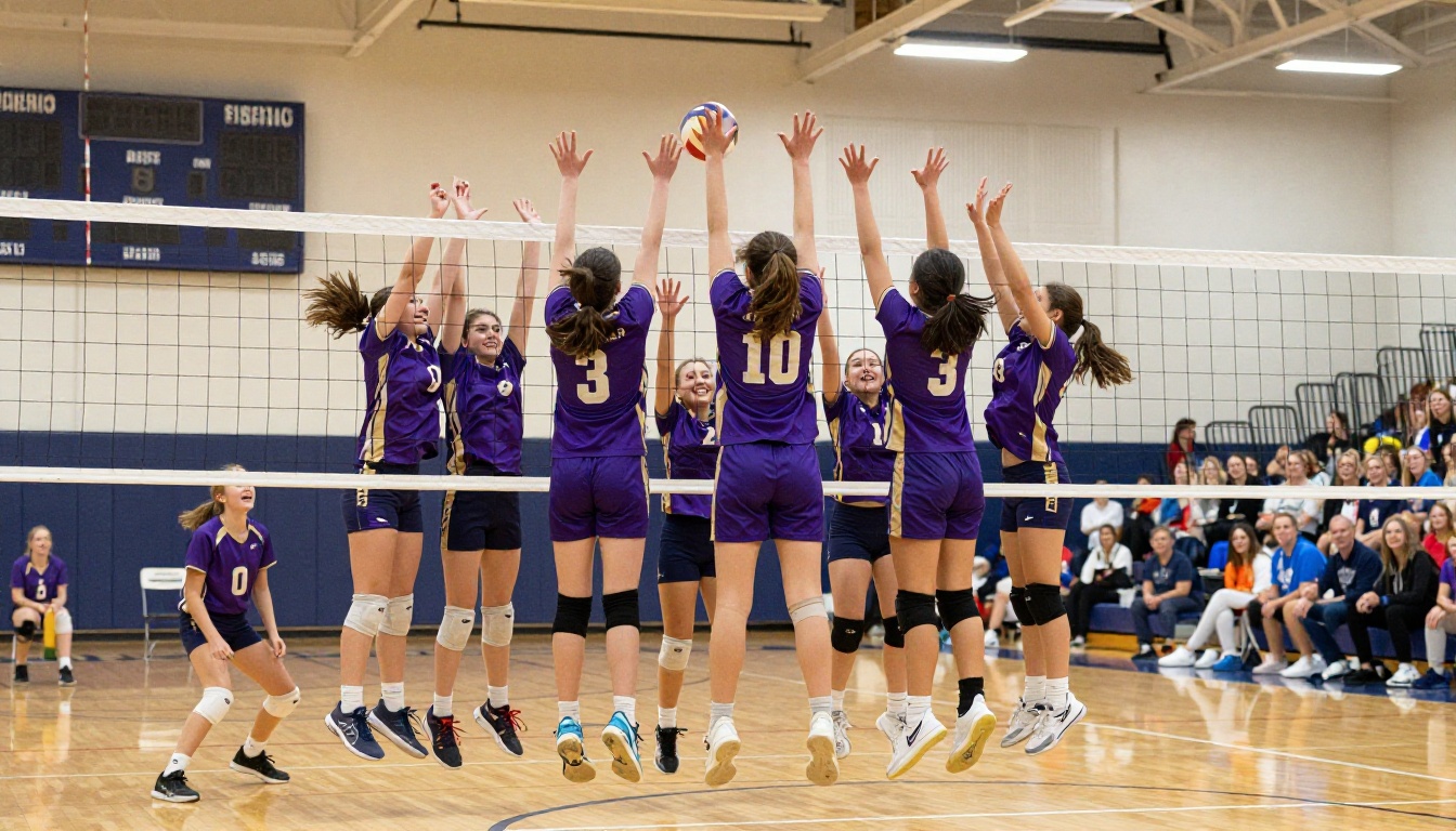 Youth volleyball team jumping at the net celebrating in gymnasium Youth volleyball team jumping at the net celebrating in gymnasium