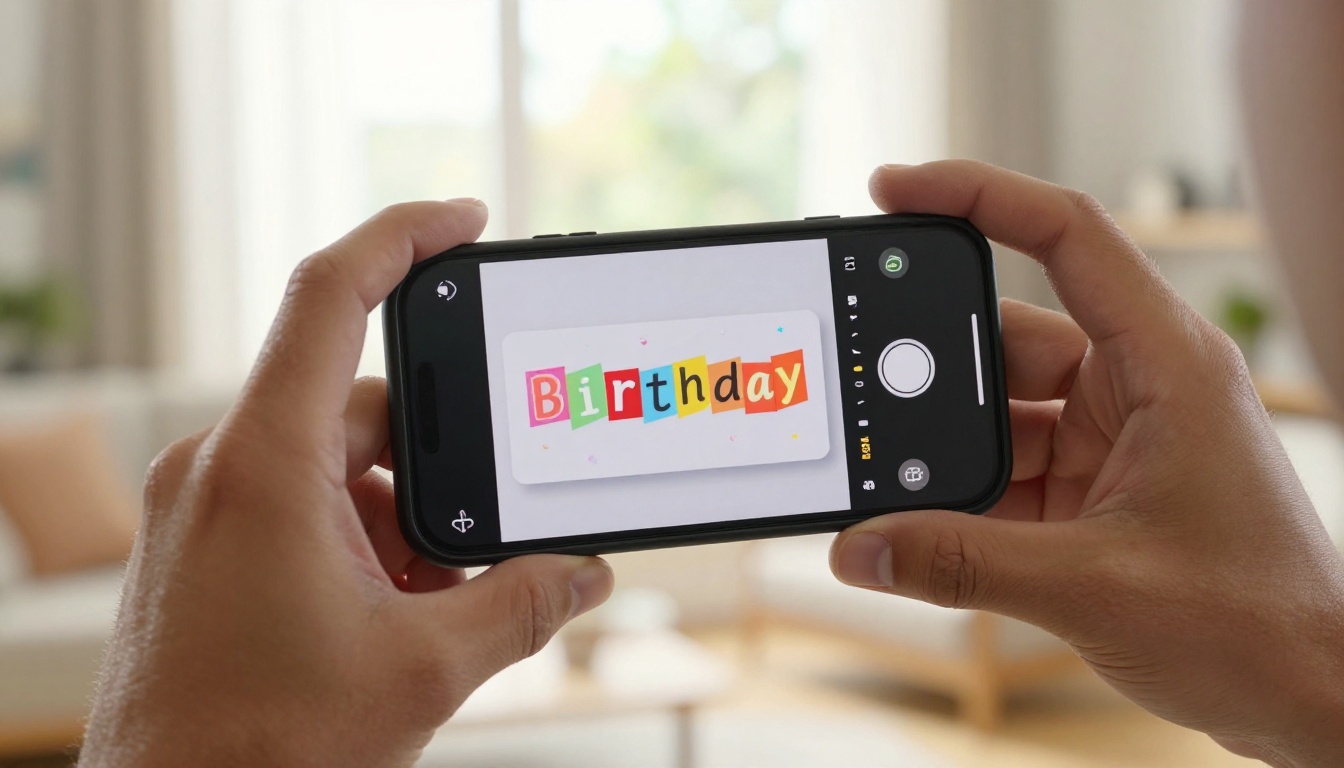 Man holding a smartphone in landscape orientation displaying a colorful digital birthday card flipbook
