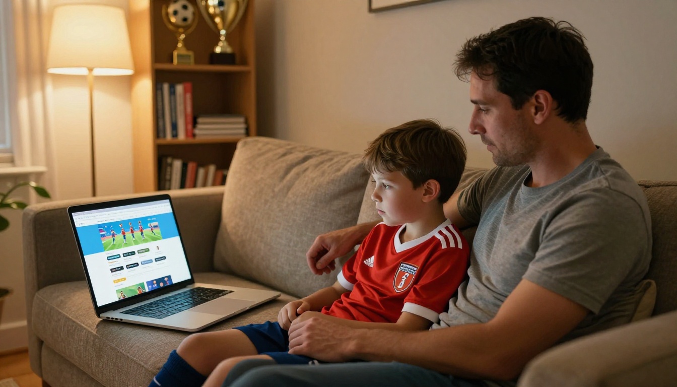 Father and son on couch looking at a sports flipbook on laptop together