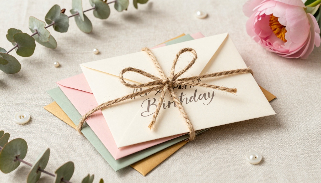 A beautiful still life arrangement of five birthday cards in blush, sage green, cream, and gold envelopes with a fresh pink peony A beautiful still life arrangement of five birthday cards in blush, sage green, cream, and gold envelopes with a fresh pink peony