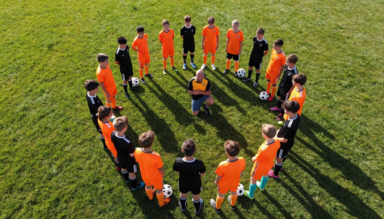 Aerial view of youth soccer team gathered in circle on green field Aerial view of youth soccer team gathered in circle on green field