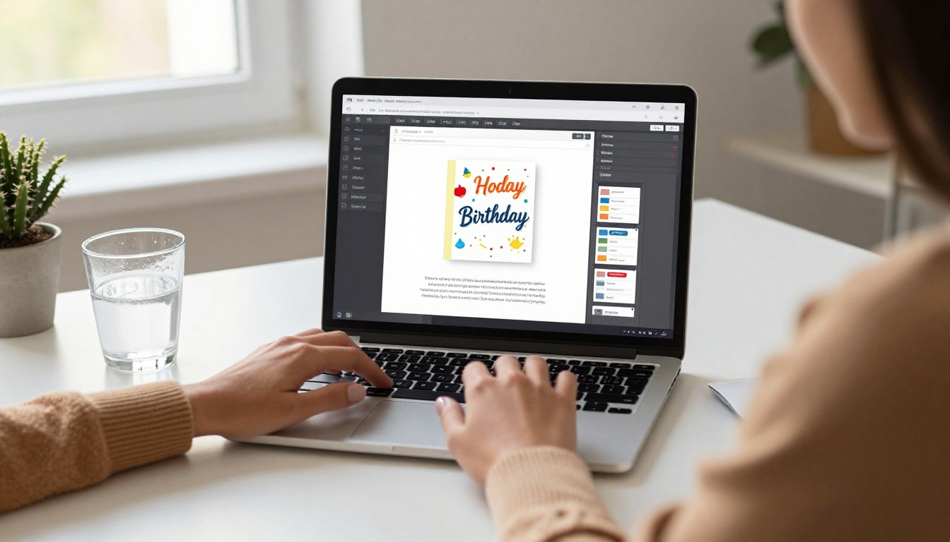 Woman working on a birthday card design on her laptop at a clean Scandinavian home office desk