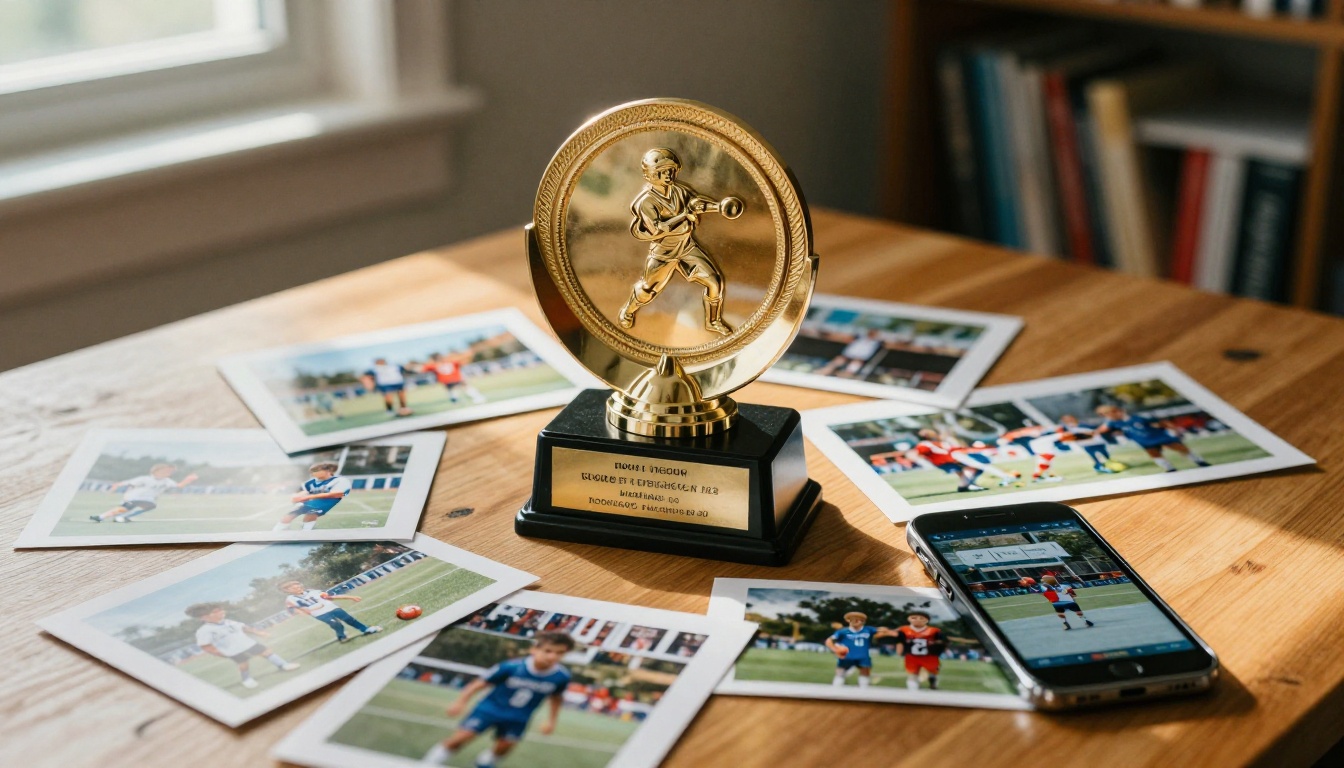 Youth sports trophy with team photos and smartphone showing season highlights Youth sports trophy with team photos and smartphone showing season highlights