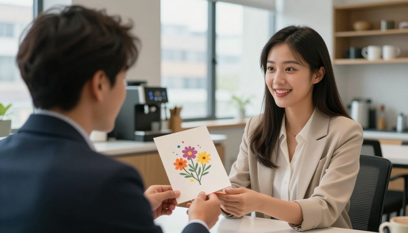 Young professional woman smiling with happy surprise as a colleague hands her a birthday card in a modern office breakroom Young professional woman smiling with happy surprise as a colleague hands her a birthday card in a modern office breakroom