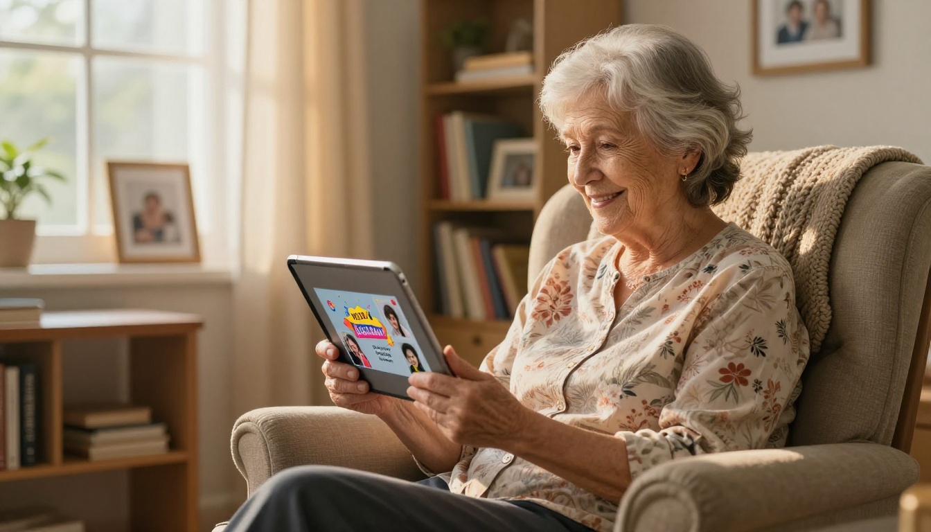 Senior woman sitting in a cozy armchair by a window, smiling warmly at a tablet displaying a birthday flipbook card Senior woman sitting in a cozy armchair by a window, smiling warmly at a tablet displaying a birthday flipbook card