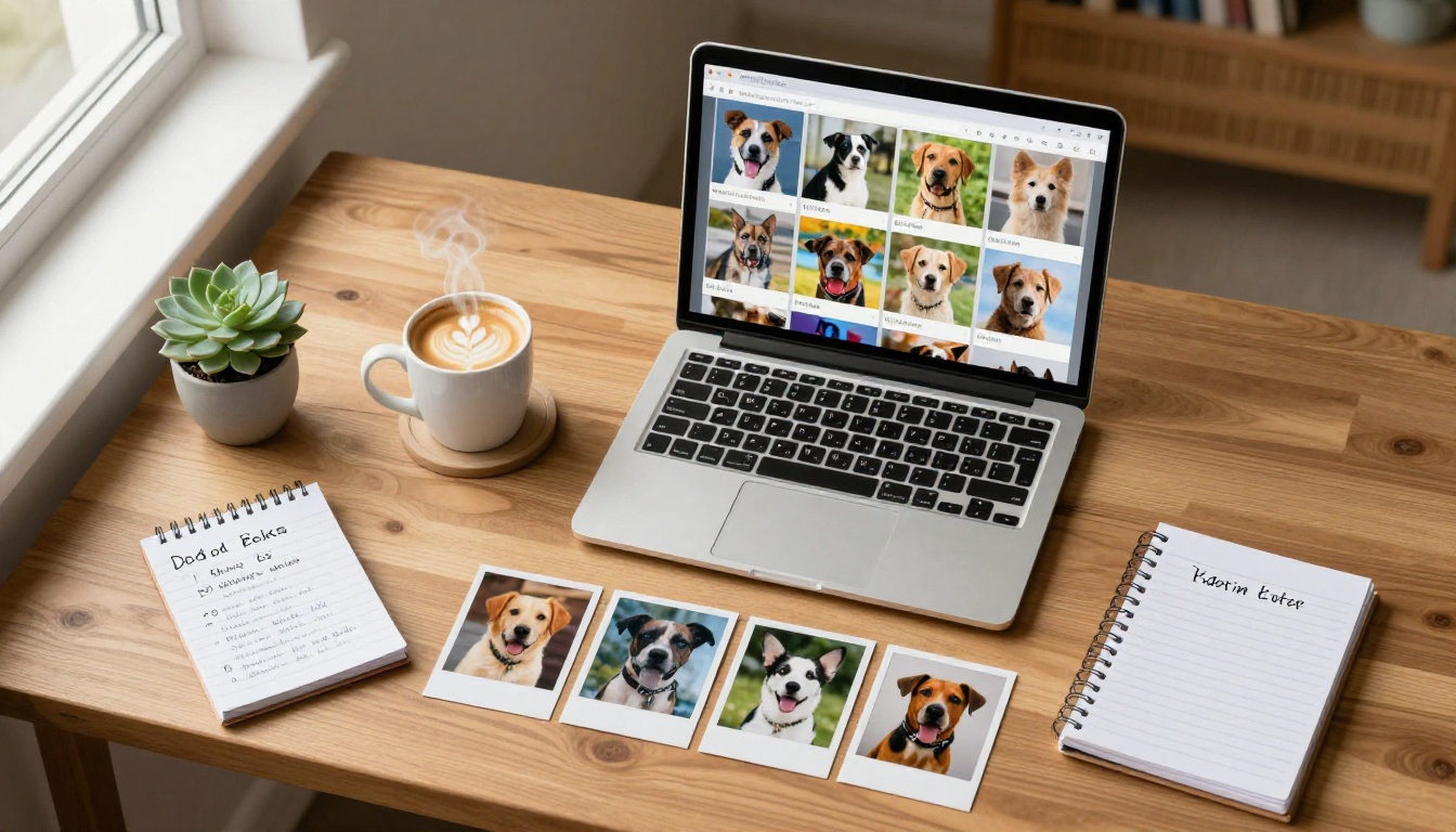 Overhead flat-lay of a laptop showing a pet adoption digital flipbook surrounded by polaroid pet photos