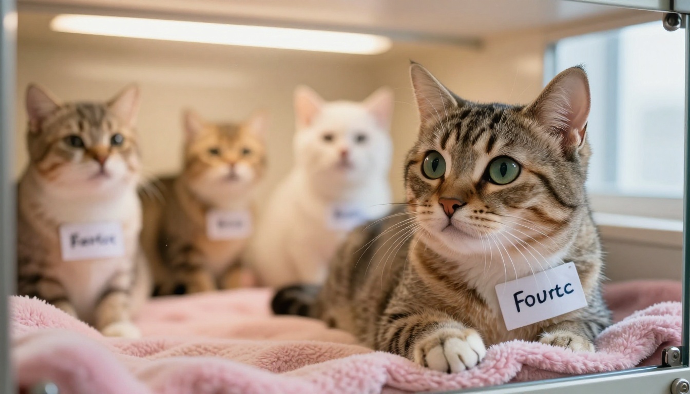 Adorable cats in shelter enclosures with name tags, a tabby pressing its paw against the glass