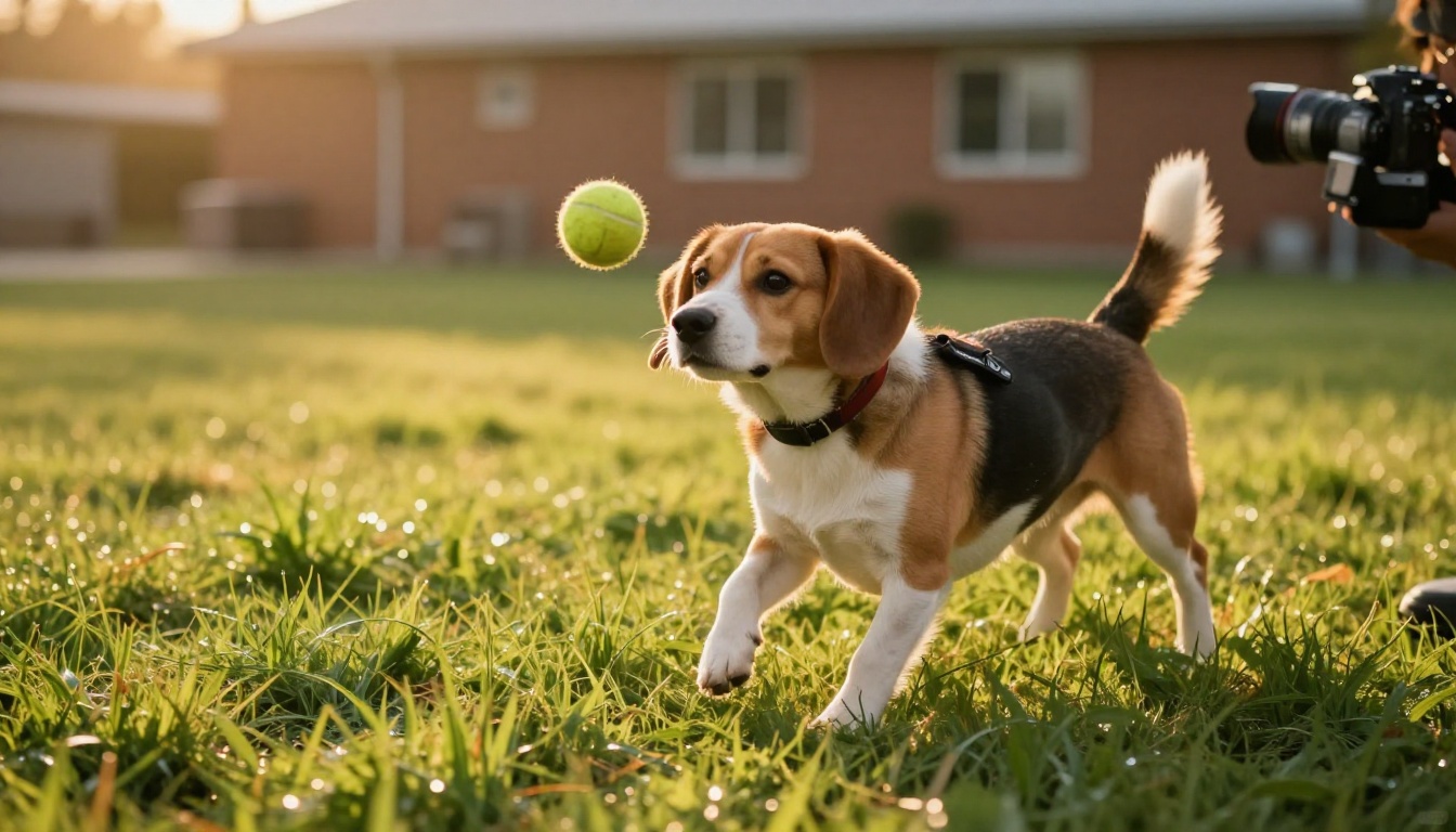 A volunteer photographer capturing a beagle mid-leap outdoors at golden hour