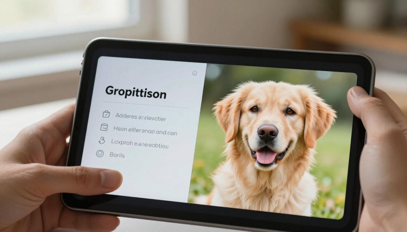 Close-up of hands swiping through a digital pet adoption flipbook on a tablet