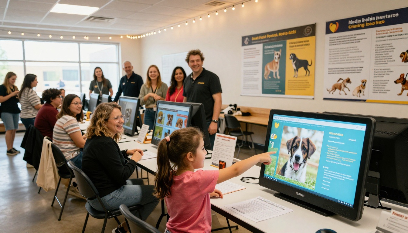 Families at a pet adoption event viewing a digital flipbook on a large tablet