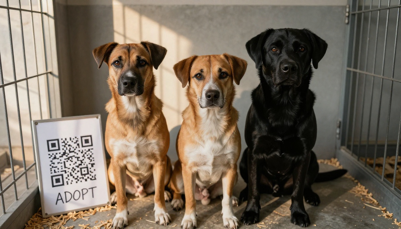 Two hopeful shelter dogs sitting side by side in a clean kennel with a QR code kennel card Two hopeful shelter dogs sitting side by side in a clean kennel with a QR code kennel card