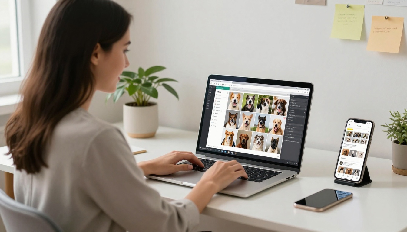 A shelter coordinator smiling while designing a digital flipbook at a home office desk A shelter coordinator smiling while designing a digital flipbook at a home office desk