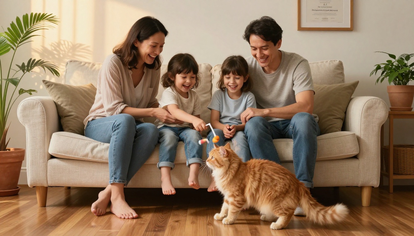 A happy family laughing on a sofa with their newly adopted orange tabby cat A happy family laughing on a sofa with their newly adopted orange tabby cat