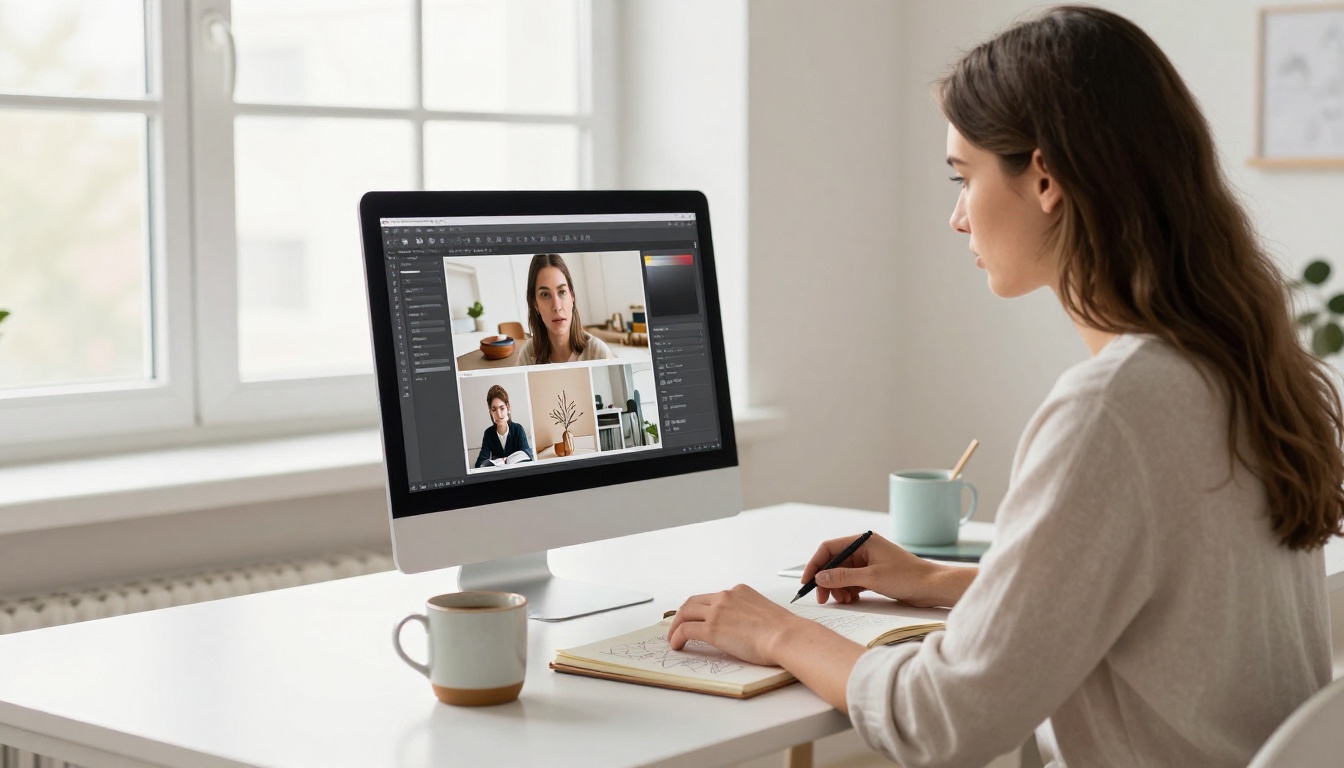 Designer working on flipbook cover design in a bright modern studio