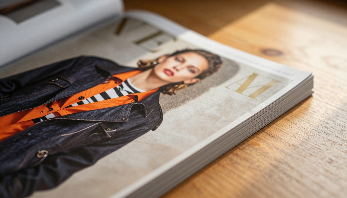 Close-up of a beautifully printed magazine cover page on a wooden desk