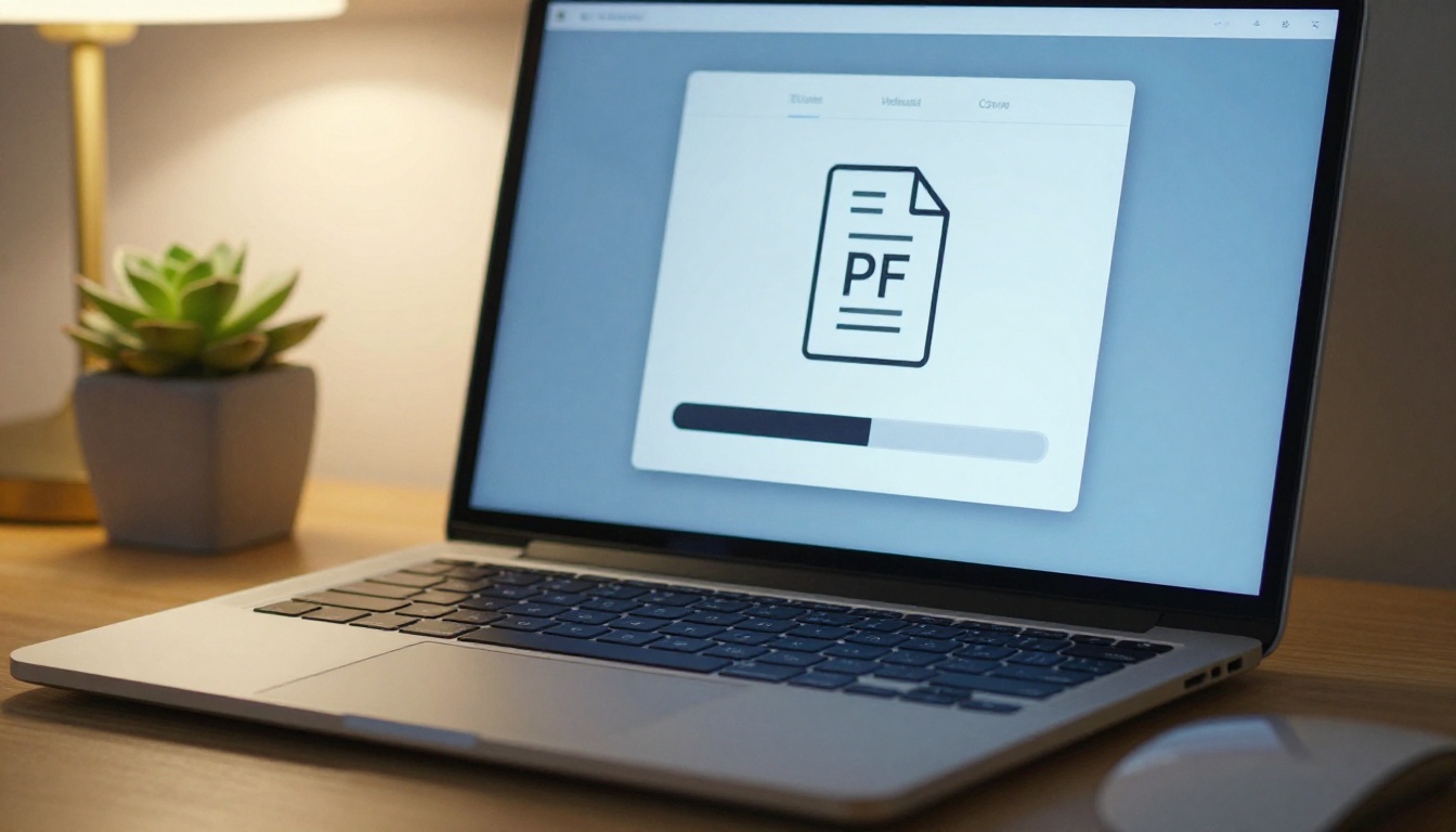 PDF upload interface on a laptop in a home office setting