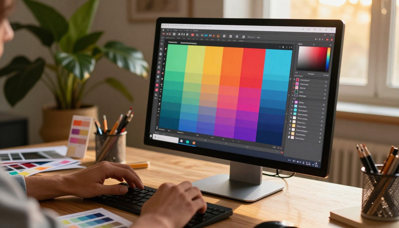Designer customizing colors and branding on a large monitor