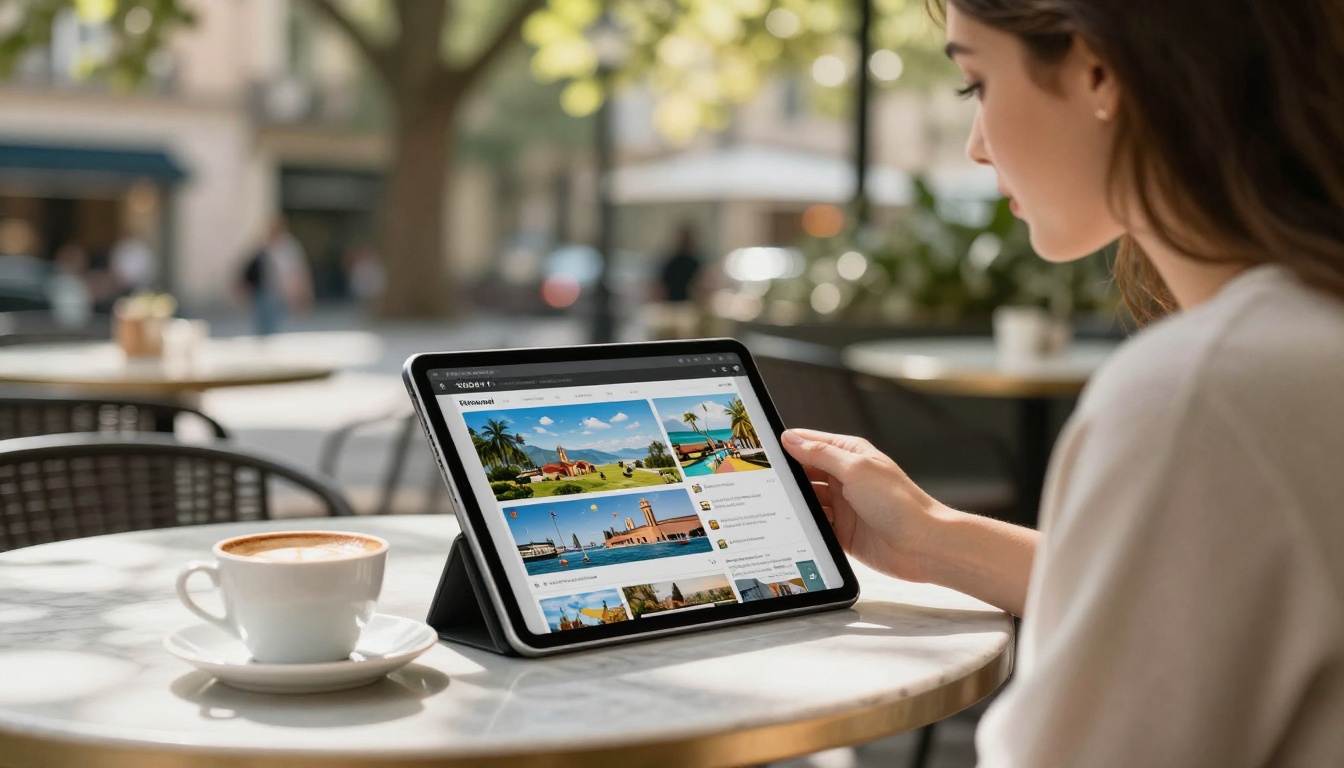 Woman browsing a digital flipbook on iPad at an outdoor café