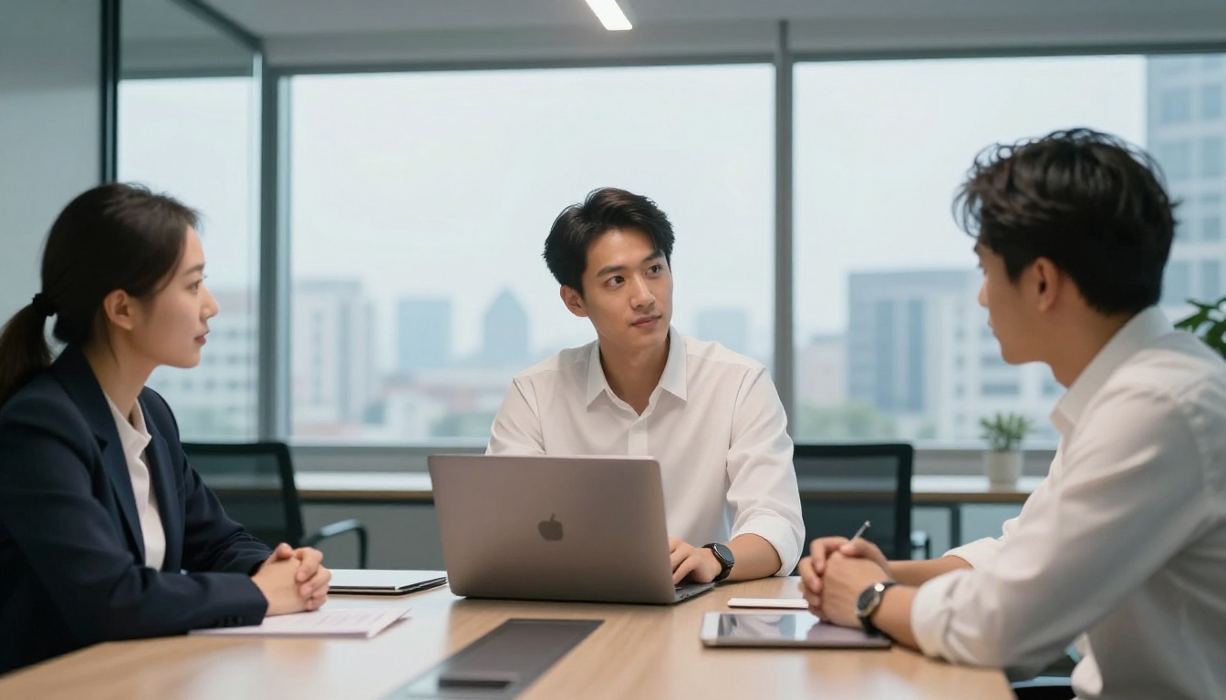 Business professional presenting a digital catalog on laptop in a meeting room