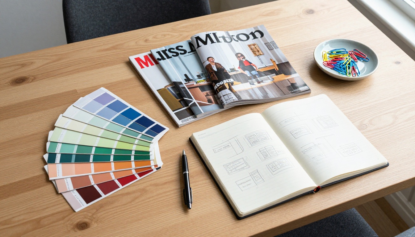 Aerial flatlay of design elements, Pantone swatches, magazine covers, and sketches on a wooden desk