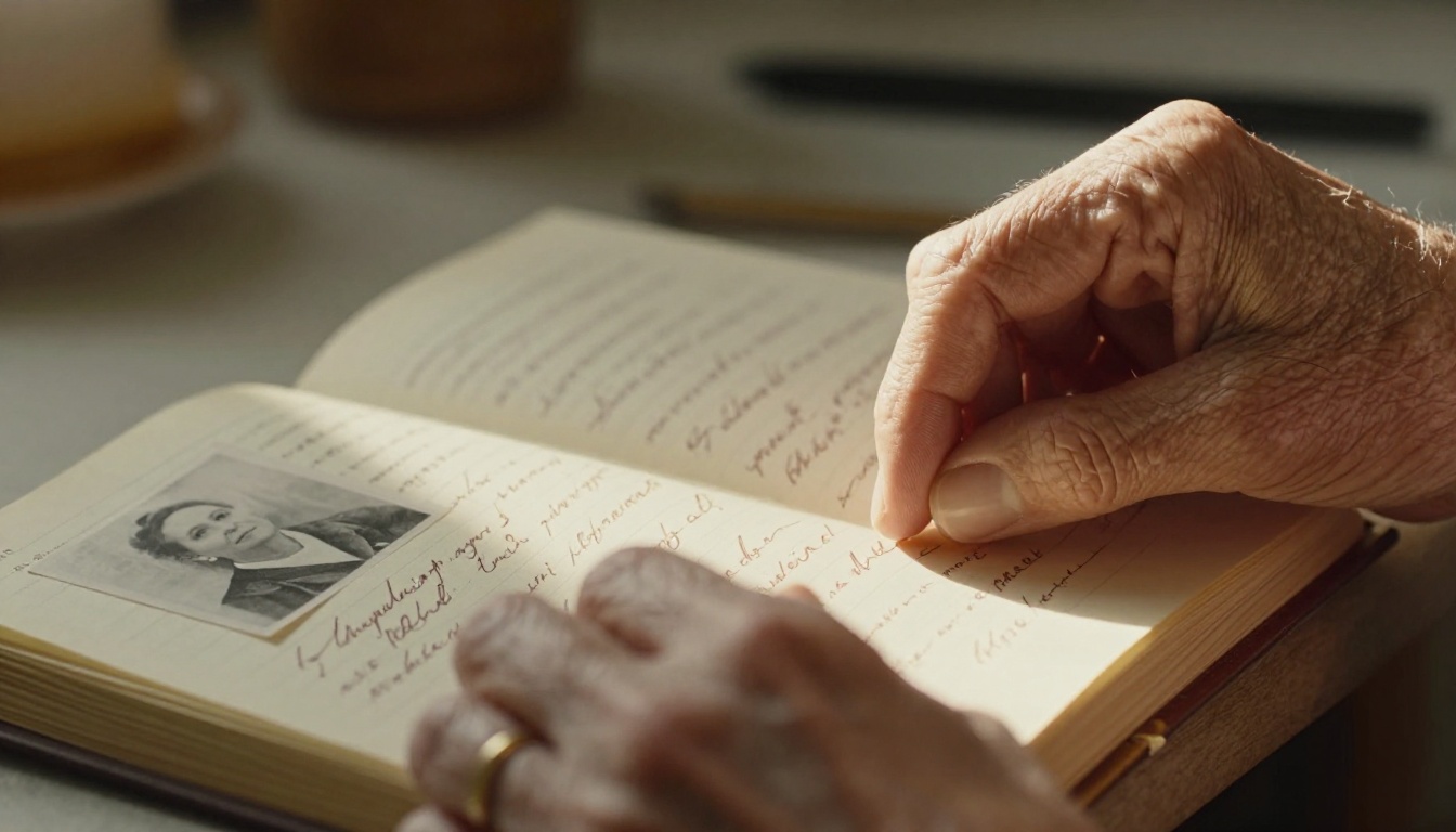 Elderly hands carefully turning fragile diary pages