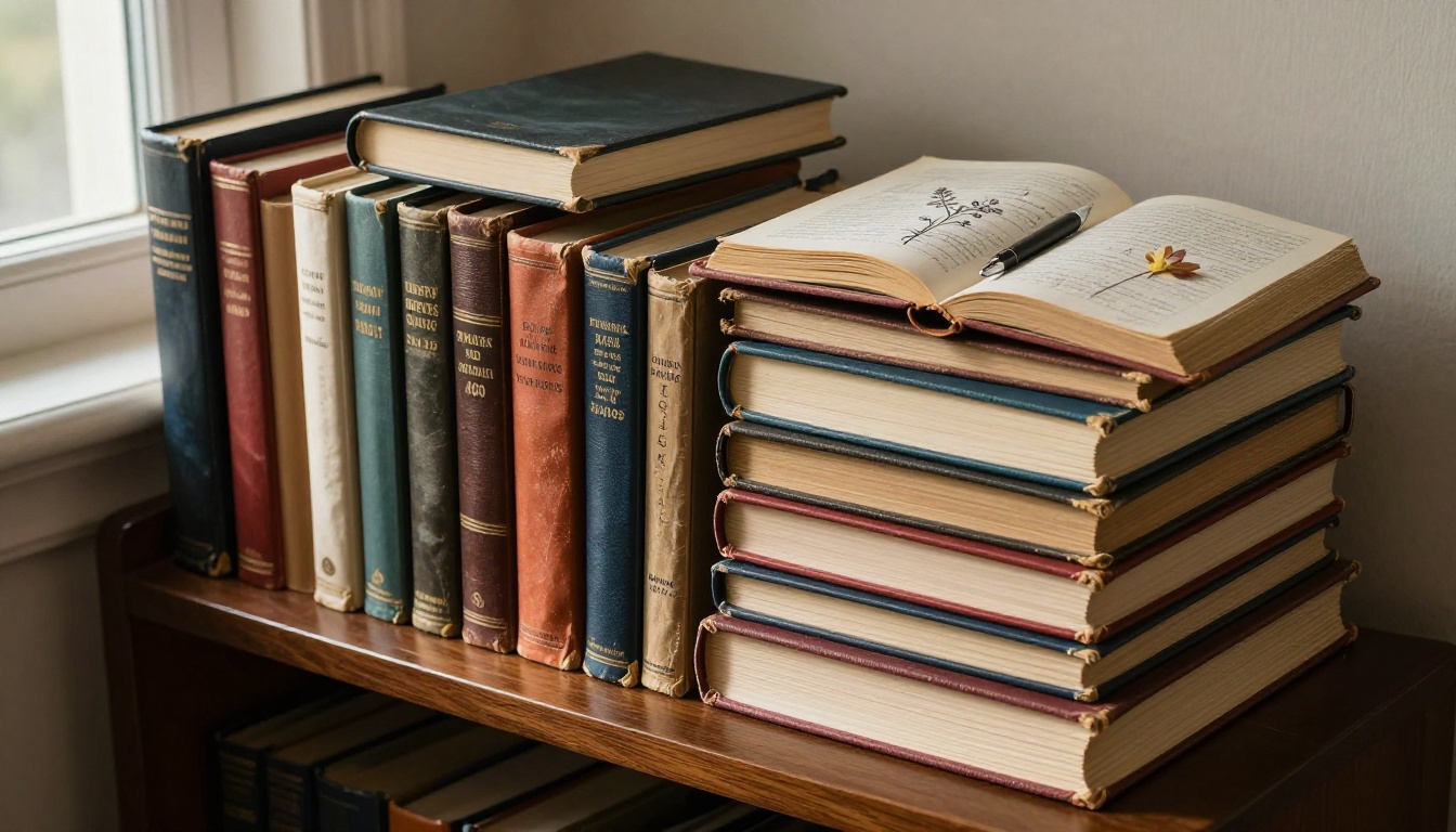 Stack of old personal journals and diaries on a wooden shelf